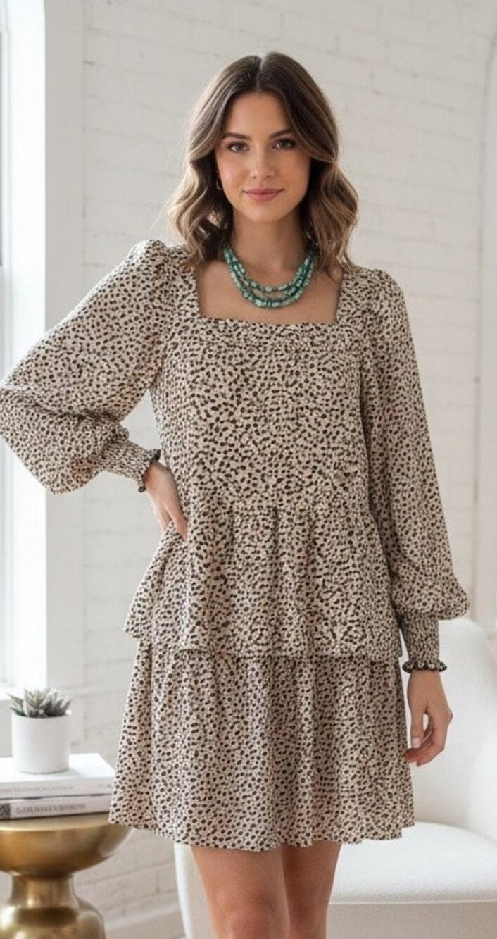 NWT Adorable Leaf Print Square Neckline Tiered Ruffle Mini Dress